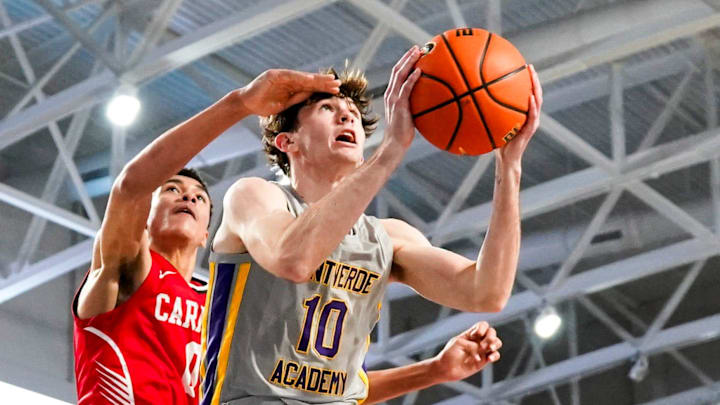 Montverde Academy Eagles wing Hudson Greer (10) shoots the ball during the fourth quarter of the first round of the 51st annual City of Palms Classic against the Archbishop Carroll Patriots at Suncoast Credit Union Arena in Fort Myers, Fla., on Wednesday, Dec. 18, 2024. Montverde Academy Eagles wing Hudson Greer (10) shoots the ball during the fourth quarter of the first round of the 51st annual City of Palms Classic against the Archbishop Carroll Patriots at Suncoast Credit Union Arena in Fort Myers, Fla., on Wednesday, Dec. 18, 2024.