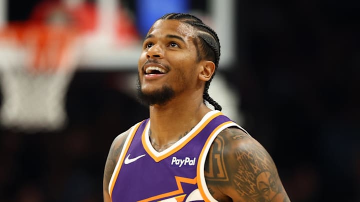 Jan 30, 2026; Phoenix, Arizona, USA; Phoenix Suns guard Jalen Green (4) smiles against the Cleveland Cavaliers in the first half at Mortgage Matchup Center. Mandatory Credit: Mark J. Rebilas-Imagn Images Jan 30, 2026; Phoenix, Arizona, USA; Phoenix Suns guard Jalen Green (4) smiles against the Cleveland Cavaliers in the first half at Mortgage Matchup Center. Mandatory Credit: Mark J. Rebilas-Imagn Images