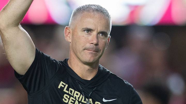 Florida State Seminoles head coach Mike Norvell walks down the field. The Miami Hurricanes lead the Florida State Seminoles 14-3 at the half on Saturday, Oct. 4, 2025. Florida State Seminoles head coach Mike Norvell walks down the field. The Miami Hurricanes lead the Florida State Seminoles 14-3 at the half on Saturday, Oct. 4, 2025.