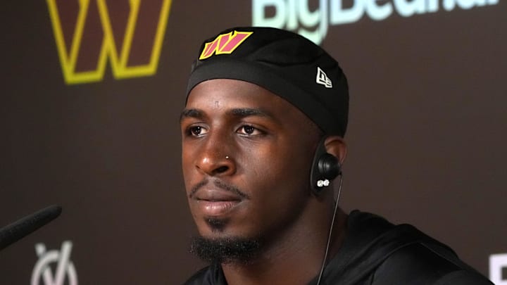 Washington Commanders safety Quan Martin at press conference at Ciudad Deportiva del Real Madrid.