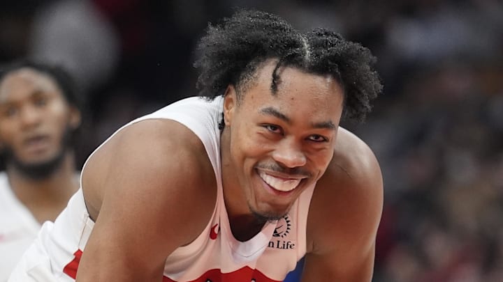 Toronto Raptors guard Scottie Barnes reacts after dunking the ball against the New York Knicks.