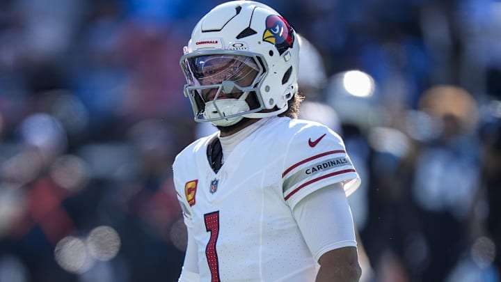 Dec 22, 2024; Charlotte, North Carolina, USA; Arizona Cardinals quarterback Kyler Murray (1) walks off the field after a fumbled handoff against the Carolina Panthers during the second quarter at Bank of America Stadium. Mandatory Credit: Jim Dedmon-Imagn Images