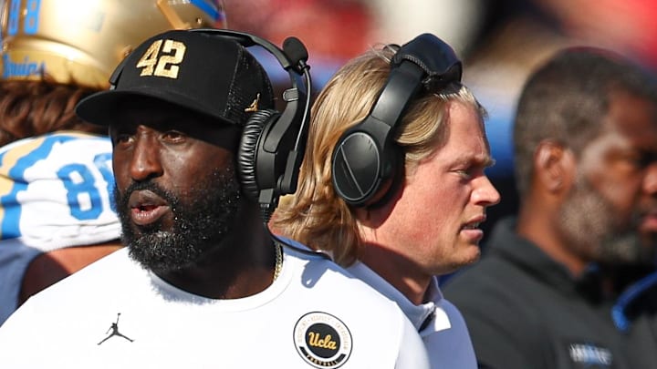 Oct 19, 2024; Piscataway, New Jersey, USA; UCLA Bruins head coach DeShaun Foster during the second half against the Rutgers Scarlet Knights at SHI Stadium. Mandatory Credit: Vincent Carchietta-Imagn Images