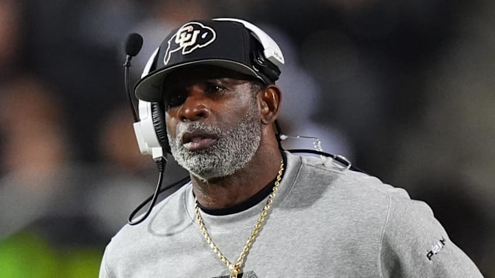 Oct 26, 2024; Boulder, Colorado, USA; Colorado Buffaloes head coach Deion Sanders walks the sidelines in the second half against the Cincinnati Bearcats at Folsom Field.