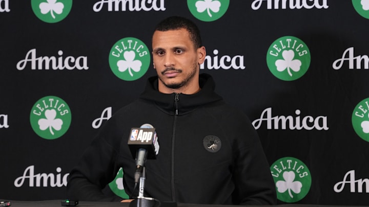 Jan 3, 2026; Inglewood, California, USA; Boston Celtics head coach Joe Mazzulla at press conference at the Intuit Dome. Mandatory Credit: Kirby Lee-Imagn Images