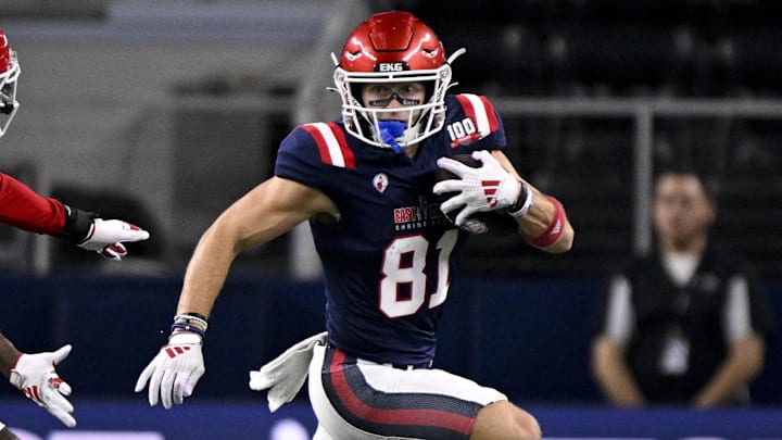 Jan 30, 2025; Arlington, TX, USA; East wide receiver Efton Chism of Eastern Washington (81) eludes West defensive back Robert Longerbeam of Rutgers (20) during the first half at AT&T Stadium. Mandatory Credit: Jerome Miron-Imagn Images