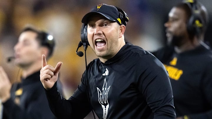 Nov 28, 2025; Tempe, Arizona, USA; Arizona State Sun Devils head coach Kenny Dillingham reacts against the Arizona Wildcats during the 99th Territorial Cup at Mountain America Stadium. Mandatory Credit: Mark J. Rebilas-Imagn Images Nov 28, 2025; Tempe, Arizona, USA; Arizona State Sun Devils head coach Kenny Dillingham reacts against the Arizona Wildcats during the 99th Territorial Cup at Mountain America Stadium. Mandatory Credit: Mark J. Rebilas-Imagn Images