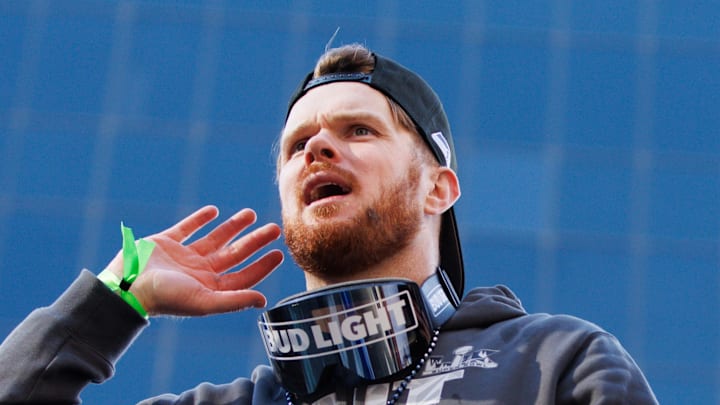 Seattle Seahawks quarterback Sam Darnold reacts during the Super Bowl LX parade