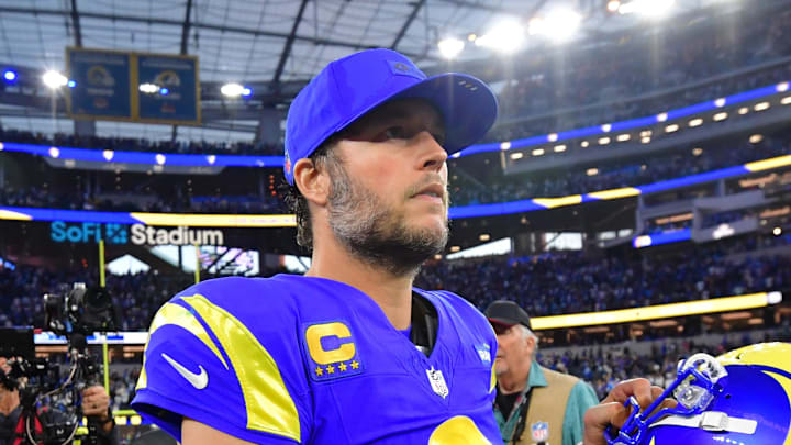 Dec 14, 2025; Inglewood, California, USA; Los Angeles Rams quarterback Matthew Stafford (9) is seen after the game against the Detroit Lions at SoFi Stadium. Mandatory Credit: Gary A. Vasquez-Imagn Images