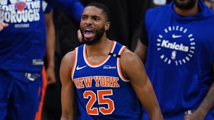 May 5, 2025; Boston, Massachusetts, USA; New York Knicks forward Mikal Bridges (25) reacts after stripping the ball from Boston Celtics guard Jaylen Brown (7) (not pictured) winning the game in overtime during game one of the second round for the 2025 NBA Playoffs at TD Garden. Mandatory Credit: David Butler II-Imagn Images