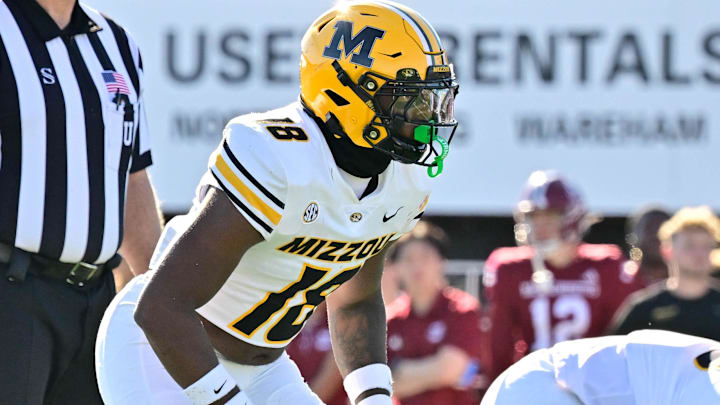 Oct 12, 2024; Amherst, Massachusetts, USA; Missouri Tigers linebacker Jeremiah Beasley (18) lines up against the Massachusetts Minutemen during the second half at Warren McGuirk Alumni Stadium. Mandatory Credit: Eric Canha-Imagn Images