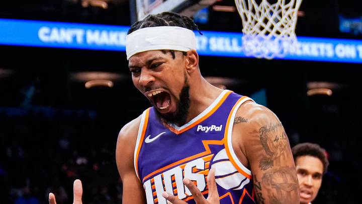Phoenix, Arizona, USA; Phoenix Suns guard Jordan Goodwin (23) reacts in the first half of the game at Mortgage Match Up Center on Nov 23, 2025. Phoenix, Arizona, USA; Phoenix Suns guard Jordan Goodwin (23) reacts in the first half of the game at Mortgage Match Up Center on Nov 23, 2025.
