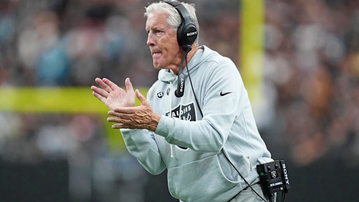 Nov 2, 2025; Paradise, Nevada, USA; Las Vegas Raiders head coach Pete Carroll looks on during the first half against the Jacksonville Jaguars at Allegiant Stadium. Mandatory Credit: Kirby Lee-Imagn Images