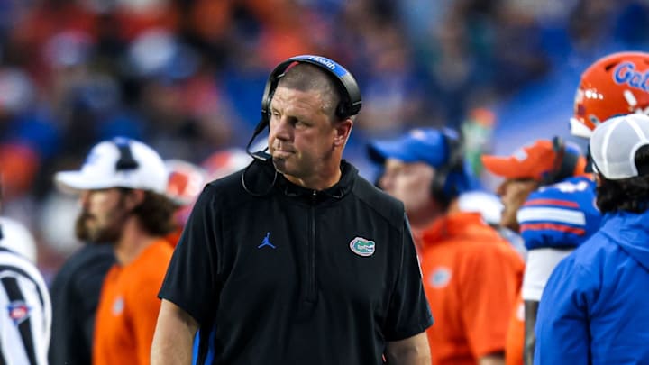 Head coach Billy Napier roams the sidelines during the team's win over Long Island. The victory moved him to 20-19 as the Gators' head coach.