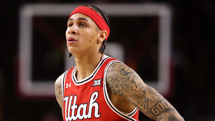Feb 28, 2026; Tempe, Arizona, USA; Utah Utes guard Terrence Brown (2) against the Arizona State Sun Devils at Desert Financial Arena. Mandatory Credit: Mark J. Rebilas-Imagn Images