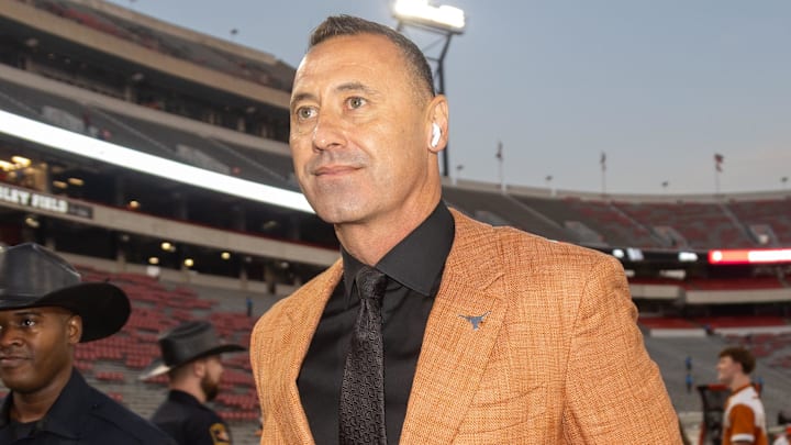 Nov 15, 2025; Athens, Georgia, USA; Texas Longhorns head coach Steve Sarkisian walks into Sanford Stadium before a game against the Georgia Bulldogs. Mandatory Credit: Brett Davis-Imagn Images
