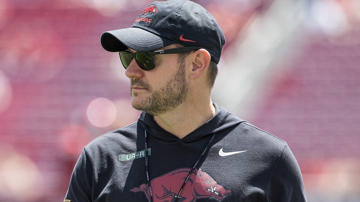 Arkansas Razorbacks coach Ryan Silverfield looks over his players during warmups before the spring game at Razorback Stadium. Arkansas Razorbacks coach Ryan Silverfield looks over his players during warmups before the spring game at Razorback Stadium.