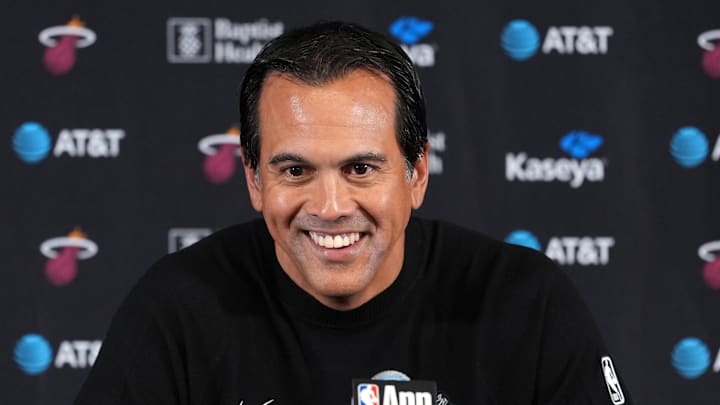 Nov 3, 2025; Inglewood, California, USA; Miami Heat head coach Erik Spoelstra at press conference at the Intuit Dome. Mandatory Credit: Kirby Lee-Imagn Images