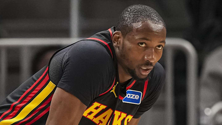 Feb 24, 2026; Atlanta, Georgia, USA; Atlanta Hawks forward Jonathan Kuminga (0) on the court against the Washington Wizards during the first half at State Farm Arena. Mandatory Credit: Dale Zanine-Imagn Images