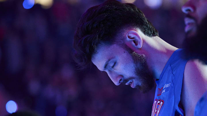 Nov 30, 2025; Portland, Oregon, USA; Oklahoma City Thunder center Chet Holmgren (7) stands with teammates during the singing of the national anthem before a game against the Portland Trail Blazers at Moda Center. Mandatory Credit: Troy Wayrynen-Imagn Images