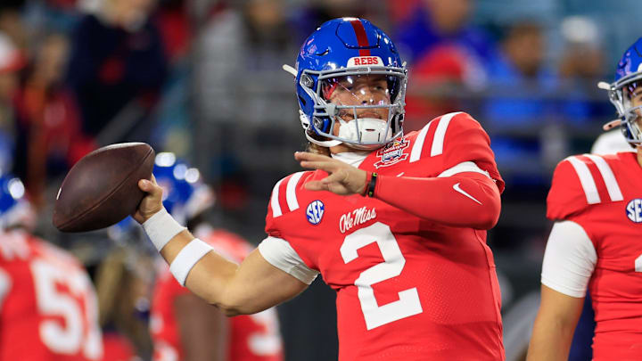 Mississippi Rebels quarterback Jaxson Dart (2) throws the ball before the TaxSlayer Gator Bowl Thursday, Jan. 2, 2025 at EverBank Stadium in Jacksonville, Fla.