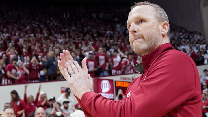 Indiana Hoosiers coach Darian DeVries celebrates after defeating the Purdue Boilermakers at Simon Skjodt Assembly Hall. 