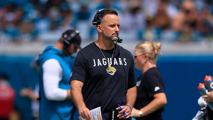 Jacksonville Jaguars defensive coordinator Anthony Campanile looks on during the first quarter of an NFL football matchup at EverBank Stadium, Sunday, Sept. 21, 2025, in Jacksonville, Fla. The Jaguars defeated the Texans 17-10
