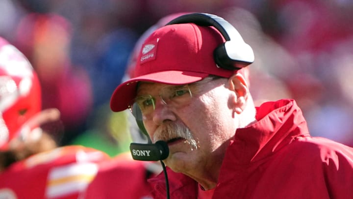 Nov 23, 2025; Kansas City, Missouri, USA; Kansas City Chiefs head coach Andy Reid looks on in the first half against the Indianapolis Colts at GEHA Field at Arrowhead Stadium. Mandatory Credit: Denny Medley-Imagn Images