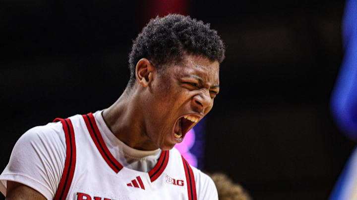 Jan 13, 2025; Piscataway, New Jersey, USA; Rutgers Scarlet Knights guard Ace Bailey (4) celebrates during the second half against the UCLA Bruins at Jersey Mike's Arena. Mandatory Credit: Vincent Carchietta-Imagn Images Jan 13, 2025; Piscataway, New Jersey, USA; Rutgers Scarlet Knights guard Ace Bailey (4) celebrates during the second half against the UCLA Bruins at Jersey Mike's Arena. Mandatory Credit: Vincent Carchietta-Imagn Images