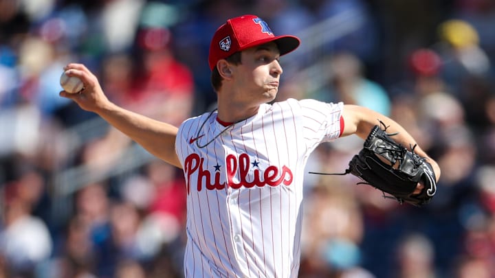 Philadelphia Phillies pitcher Mick Abel (74) throws a pitch against the New York Yankees in the sixth inning at BayCare Ballpark
