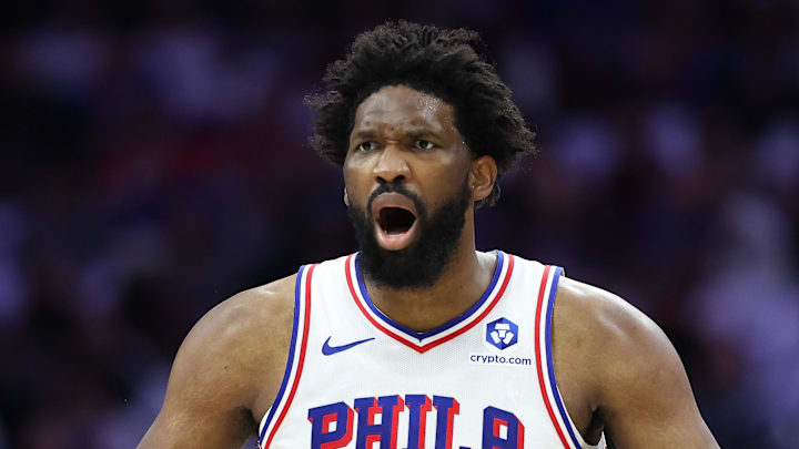 May 8, 2026; Philadelphia, Pennsylvania, USA; Philadelphia 76ers center Joel Embiid (21) reacts to a play against the New York Knicks during the first quarter of game three of the second round of the 2026 NBA Playoffs at Xfinity Mobile Arena. Mandatory Credit: Bill Streicher-Imagn Images