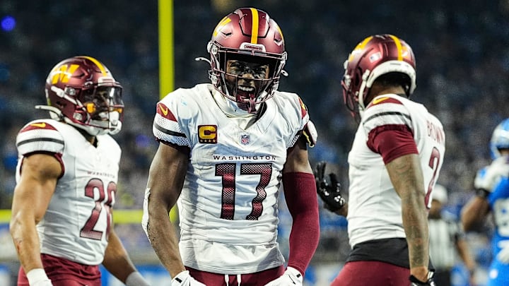 Washington Commanders wide receiver Terry McLaurin (17) celebrates a first down against Detroit Lions during the second half of the NFC divisional round at Ford Field in Detroit on Saturday, Jan. 18, 2025.