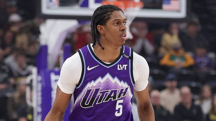 Apr 1, 2026; Salt Lake City, Utah, USA; Utah Jazz forward Cody Williams (5) brings the ball up the court against the Denver Nuggets during the first quarter at Delta Center. Mandatory Credit: Chris Nicoll-Imagn Images Apr 1, 2026; Salt Lake City, Utah, USA; Utah Jazz forward Cody Williams (5) brings the ball up the court against the Denver Nuggets during the first quarter at Delta Center. Mandatory Credit: Chris Nicoll-Imagn Images