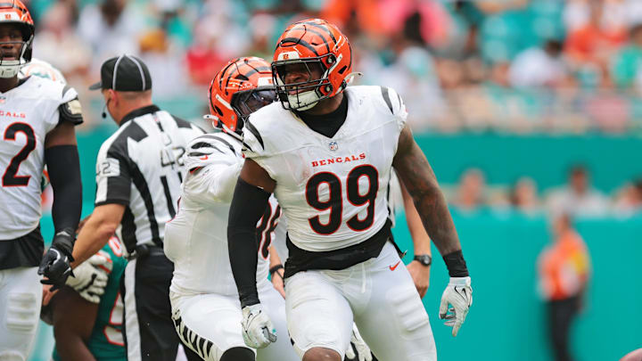 Dec 21, 2025; Miami Gardens, Florida, USA; Cincinnati Bengals defensive end Myles Murphy (99) reacts after a play during the third quarter against the Miami Dolphins at Hard Rock Stadium. Mandatory Credit: Sam Navarro-Imagn Images