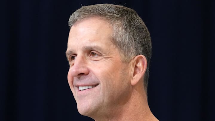 Feb 24, 2026; Indianapolis, IN, USA; New York Giants coach John Harbaugh speaks at the NFL Scouting Combine at the Indiana Convention Center. Mandatory Credit: Kirby Lee-Imagn Images