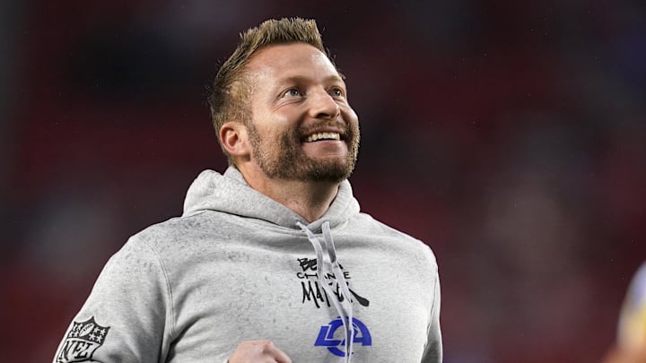 Dec 12, 2024; Santa Clara, California, USA; Los Angeles Rams head coach Sean McVay jogs on the field before the start of the game against the San Francisco 49ers at Levi's Stadium. Mandatory Credit: Cary Edmondson-Imagn Images