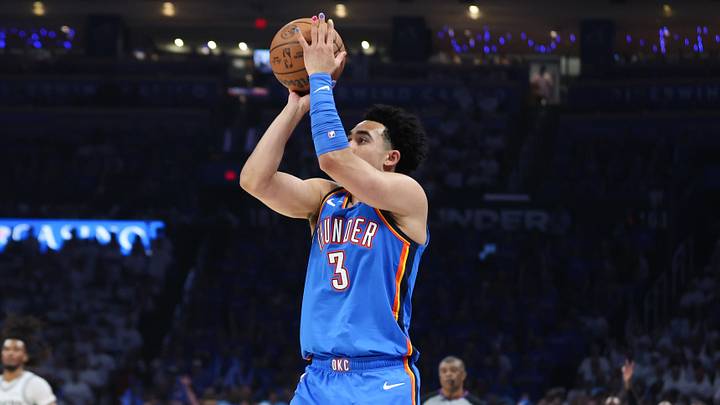 May 20, 2026; Oklahoma City, Oklahoma, USA; Oklahoma City Thunder guard Jared McCain (3) shoots during the third quarter against the San Antonio Spurs during game two of the western conference finals for the 2026 NBA playoffs at Paycom Center. Mandatory Credit: Brett Rojo-Imagn Images