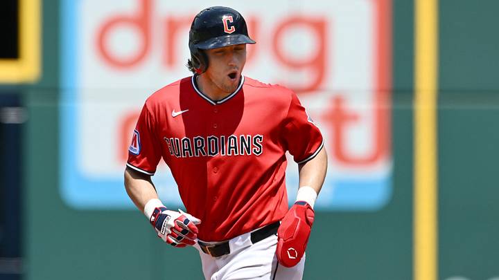 May 17, 2026; Cleveland, Ohio, USA; Cleveland Guardians right fielder Chase DeLauter (24) celebrates on base as Cleveland Guardians first baseman Kyle Manzardo (not pictured) hits a more run during the third inning against the Cincinnati Reds at Progressive Field. Mandatory Credit: Ken Blaze-Imagn Images May 17, 2026; Cleveland, Ohio, USA; Cleveland Guardians right fielder Chase DeLauter (24) celebrates on base as Cleveland Guardians first baseman Kyle Manzardo (not pictured) hits a more run during the third inning against the Cincinnati Reds at Progressive Field. Mandatory Credit: Ken Blaze-Imagn Images
