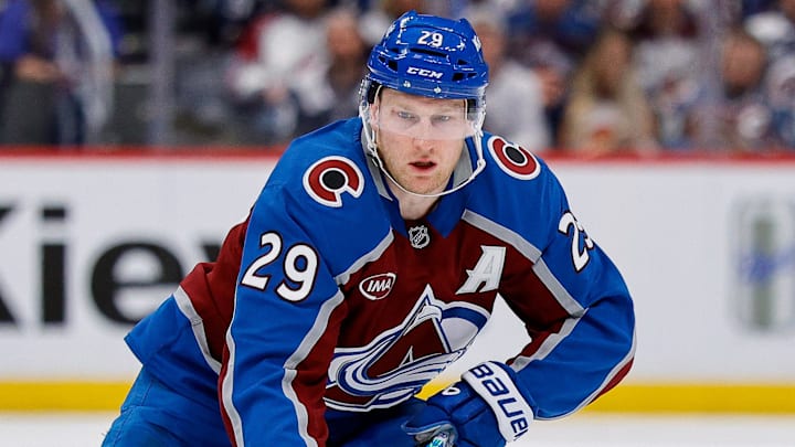 Apr 21, 2026; Denver, Colorado, USA; Colorado Avalanche center Nathan MacKinnon (29) controls the puck in the second period against the Los Angeles Kings in game two of the first round of the 2026 Stanley Cup Playoffs at Ball Arena. Mandatory Credit: Isaiah J. Downing-Imagn Images