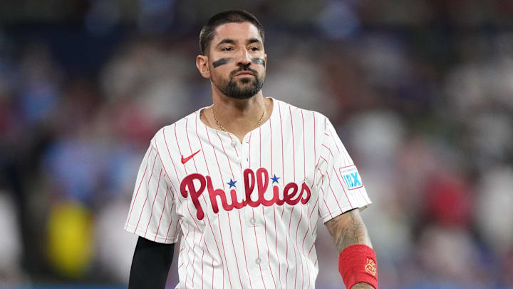 Aug 30, 2025; Philadelphia, Pennsylvania, USA; Philadelphia Phillies outfielder Nick Castellanos (8) looks on against the Atlanta Braves in the tenth inning at Citizens Bank Park. Aug 30, 2025; Philadelphia, Pennsylvania, USA; Philadelphia Phillies outfielder Nick Castellanos (8) looks on against the Atlanta Braves in the tenth inning at Citizens Bank Park.