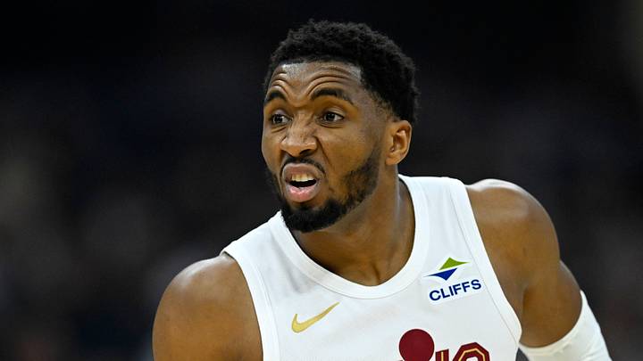 Apr 29, 2026; Cleveland, Ohio, USA; Cleveland Cavaliers guard Donovan Mitchell (45) reacts against the Toronto Raptors in the first quarter of game five of the first round of the 2026 NBA Playoffs at Rocket Arena. Mandatory Credit: David Richard-Imagn Images