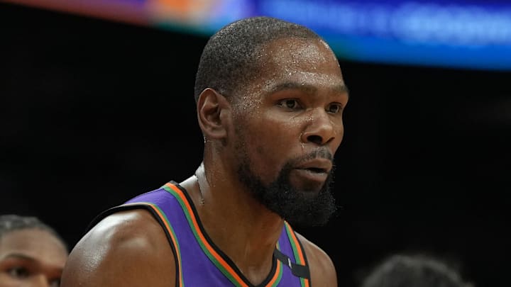 Phoenix Suns forward Kevin Durant reacts after fouling a Houston Rockets player. Mandatory Credit: Rick Scuteri-Imagn Images