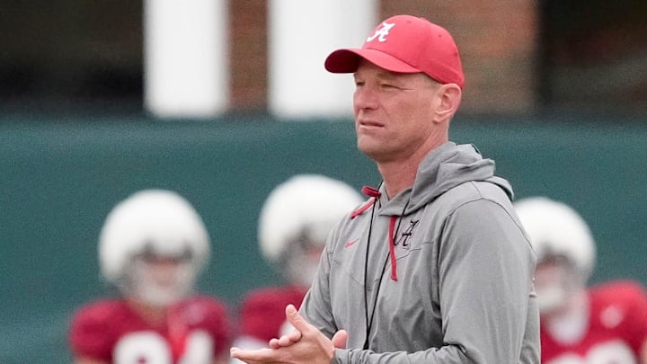 Mar 5, 2025; Tuscaloosa, AL, USA; Offensive coordinator Ryan Grubb and head coach Kalen DeBoer talk during Spring Practice for the Crimson Tide.