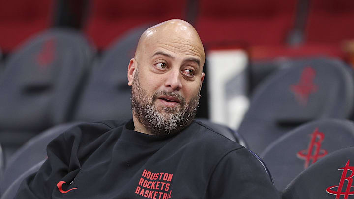 Nov 24, 2023; Houston, Texas, USA; Houston Rockets general manager Rafael Stone talks before the game against the Denver Nuggets at Toyota Center. Mandatory Credit: Troy Taormina-Imagn Images