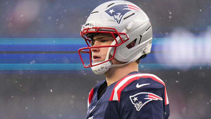 Jan 18, 2026; Foxborough, MA, USA; New England Patriots quarterback Drake Maye (10) warms up before an AFC Divisional Round game against the Houston Texans at Gillette Stadium.