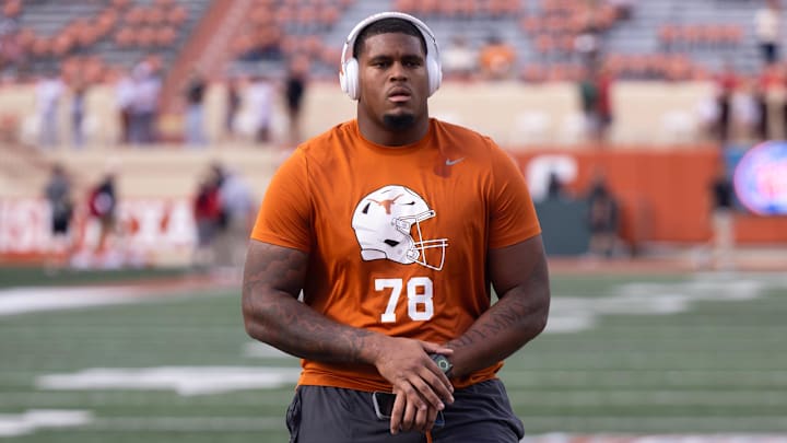 Oct 19, 2024; Austin, Texas, USA; Texas Longhorns offensive lineman Kelvin Banks Jr. (78) warms up at Darrell K Royal-Texas Memorial Stadium. Mandatory Credit: Brett Patzke-Imagn Images