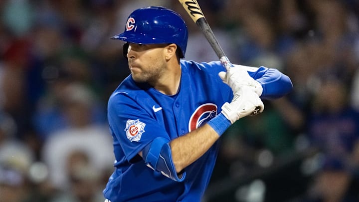 Mar 17, 2026; Mesa, Arizona, USA; Chicago Cubs outfielder Dylan Carlson against the Los Angeles Angels during a spring training game at Sloan Park. Mandatory Credit: Mark J. Rebilas-Imagn Images