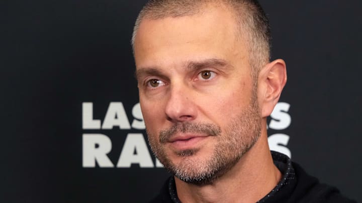 Feb 25, 2025; Indianapolis, IN, USA; Las Vegas Raiders general manager John Spytek on radio row during the NFL Scouting Combine at the Indiana Convention Center. Mandatory Credit: Kirby Lee-Imagn Images