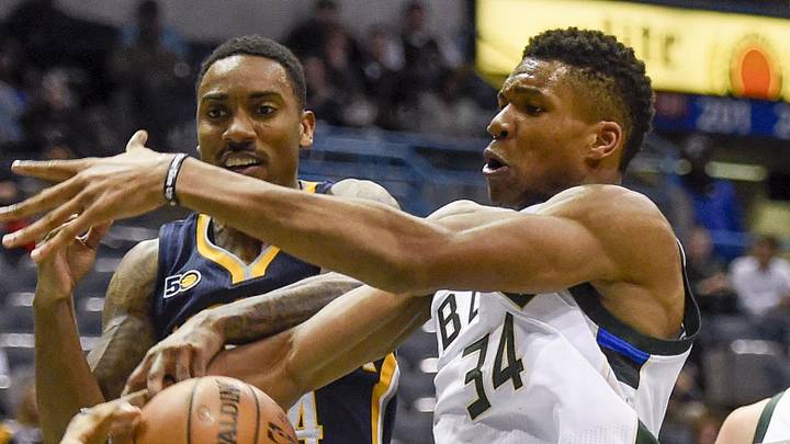 Nov 3, 2016; Milwaukee, WI, USA; Milwaukee Bucks forward Giannis Antetokounmpo (34) and Indiana Pacers guard Jeff Teague (44) battle for a rebound in the third quarter at BMO Harris Bradley Center. Mandatory Credit: Benny Sieu-Imagn Images Nov 3, 2016; Milwaukee, WI, USA; Milwaukee Bucks forward Giannis Antetokounmpo (34) and Indiana Pacers guard Jeff Teague (44) battle for a rebound in the third quarter at BMO Harris Bradley Center. Mandatory Credit: Benny Sieu-Imagn Images