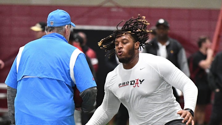 Mar 20, 2024; Tuscaloosa, Alabama, USA; Alabama offensive lineman JC Latham runs a drill at the Hank